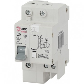 Автоматический выключатель ЭРА SIMPLE-MOD-32 дифференциального тока 1P+N 32А 30мА тип АС х-ка Автоматический выключатель ЭРА SIMPLE-MOD-32 дифференциального тока 1P+N 32А 30мА тип АС х-ка